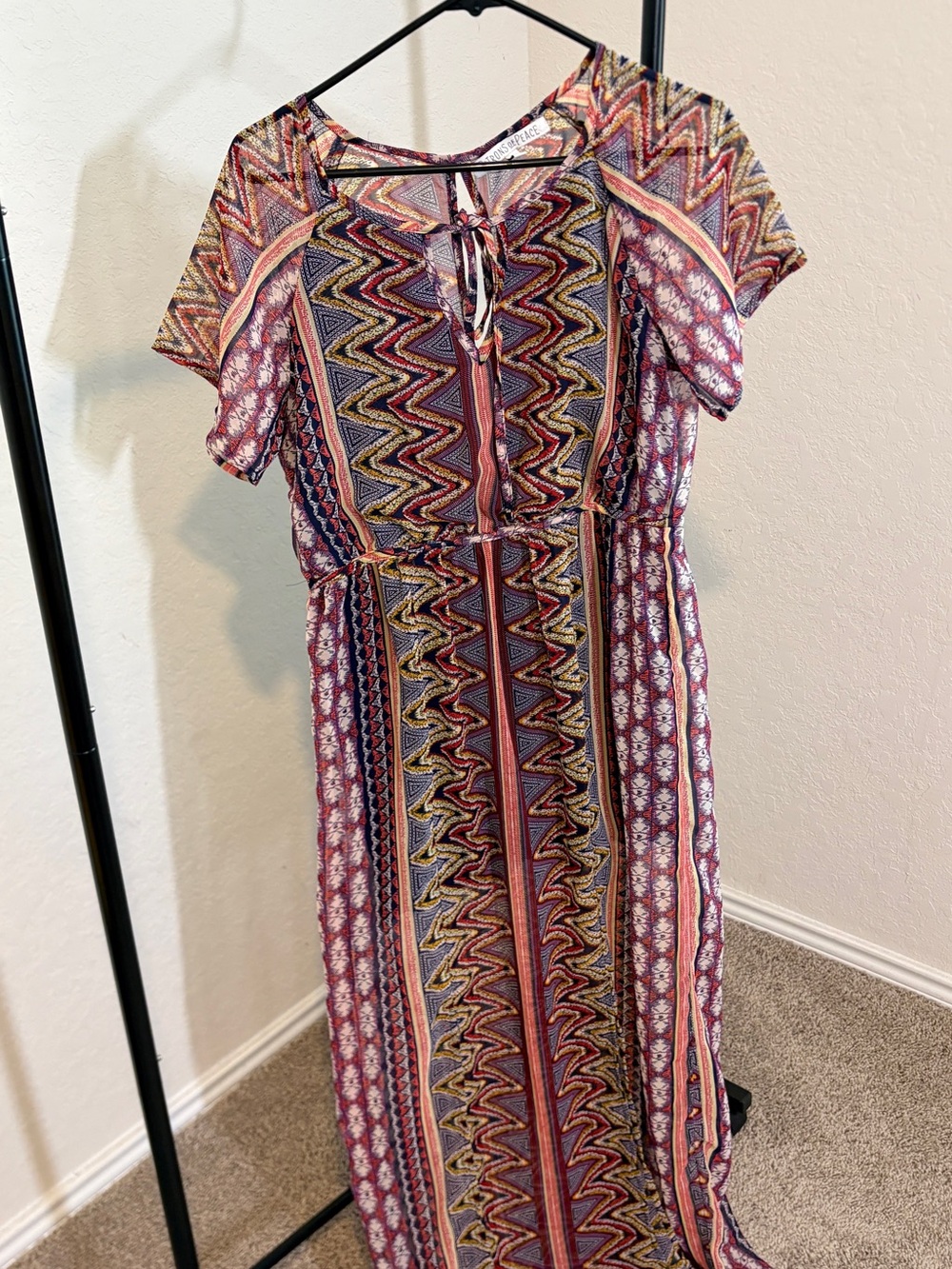 Patrons of Peace Sheer lined Multi Colored Maxi Dress in Chevron Geometric